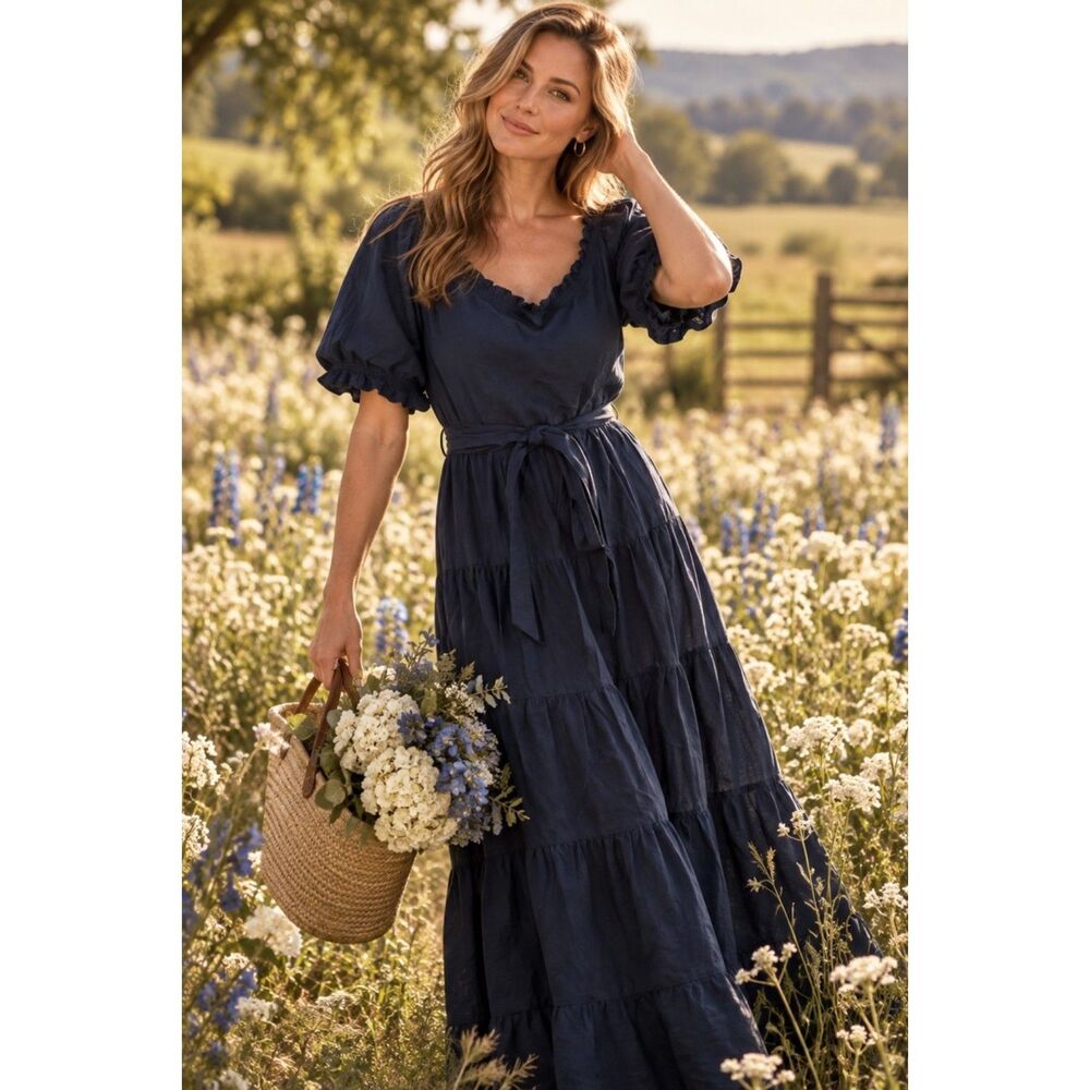 City Chic Navy Linen Cotton Maxi Dress M Puff Sleeve Tiered Ruffle NWT